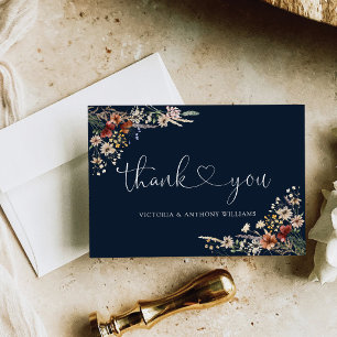 Carte De Remerciements Fête des mariées Fleur sauvage mince bleu marine