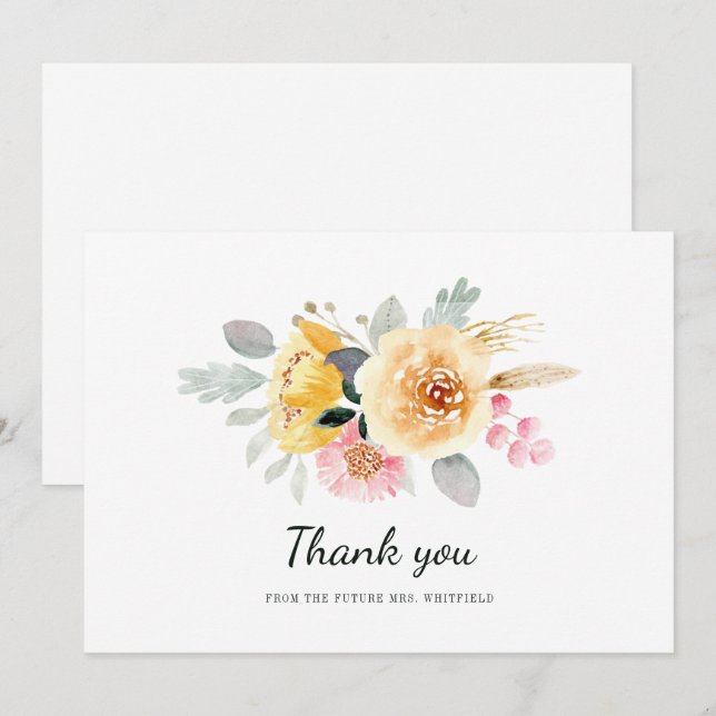 Carte De Remerciements Fête des mariées florale aquarelle (Devant / Derrière)