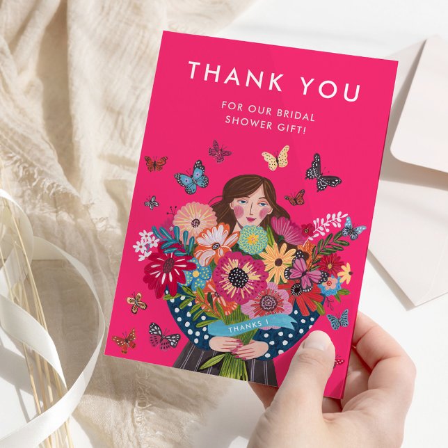Carte De Remerciements Fête des mariées rose vif tendance (Trendy Bright Pink Bridal Shower Thank You Card)