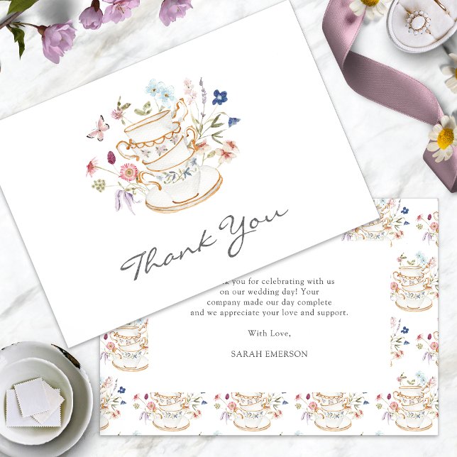Carte De Remerciements Fête des mariées Tea Party (Floral Tea Party Bridal Shower Thank You Card with Butterfly by Painted Paperie
)
