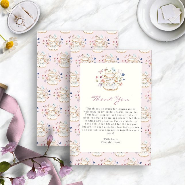 Carte De Remerciements Fête des mariées Tea Party rose (Pink Floral Tea Party Bridal Shower Thank You Card by Painted Paperie
)