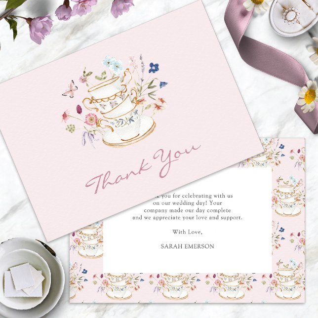 Carte De Remerciements Fête des mariées Tea Party rose (Pink Tea Party Bridal Shower Thank You Card with Butterfly by Painted Paperie
)