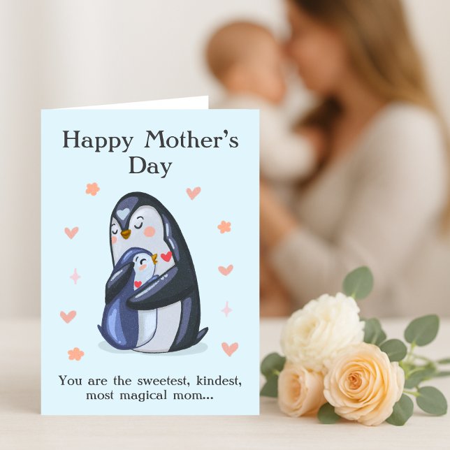 Carte De Remerciements Fête des Mères adorables Maman et Baby Penguin (Créateur téléchargé)