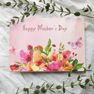 Carte De Remerciements Fête des Mères Fleurs à l'aquarelle avec Papillons