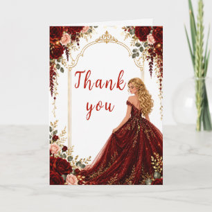 Carte De Remerciements Fête des seize ans Fleurs rouges de Bourgogne Or