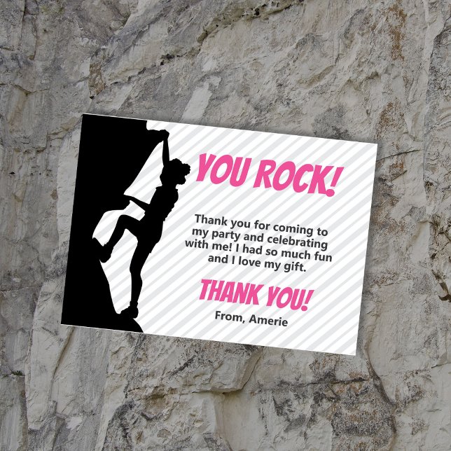 Carte De Remerciements Fête d'escalade pour fille noire (Black Girl Rock Cllimbing Birthday Thank You Cards featuring a girl with afro puffs. Gray and pink)