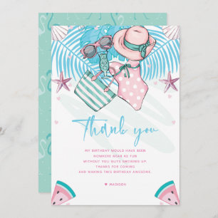 Carte De Remerciements Fête d'été Anniversaire Cute Rose Turquoise