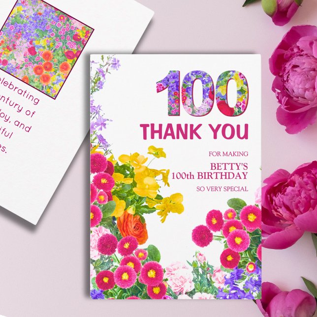 Carte De Remerciements Fête du 100e anniversaire Fleurs florales Moderne  (Créateur téléchargé)