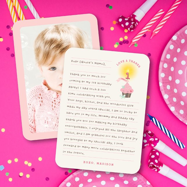 Carte De Remerciements Fête du 1er anniversaire de la petite Miss Pink Cu (Whimsical Little Miss Pink Cupcake Girl's 1st Birthday Party Photo Thank You Card @ fat_fa_tin)