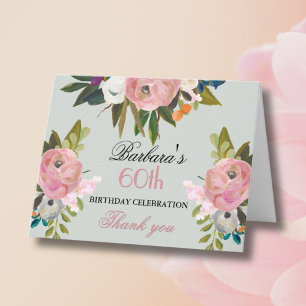 Carte De Remerciements Fête élégante de 60 ans avec fleurs peintes à la m