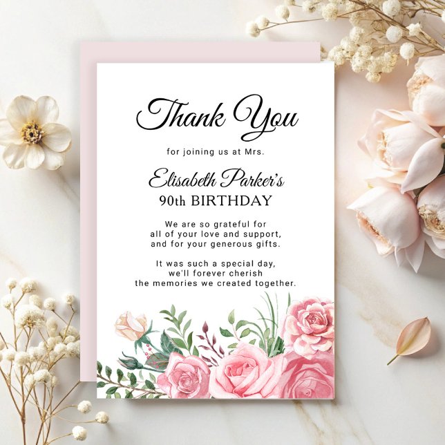 Carte De Remerciements Fête élégante de 90 ans avec fleurs roses  (Créateur téléchargé)