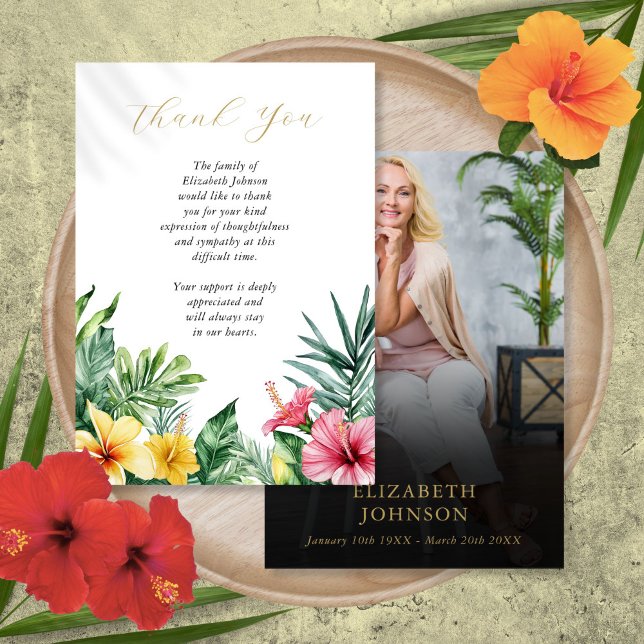 Carte De Remerciements Fête Florale Tropicale De La Vie Funéraire Photo (Tropical Floral Celebration Of Life Funeral Photo Thank You Card)