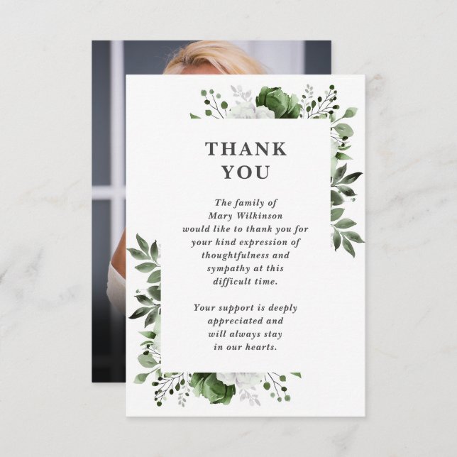 Carte De Remerciements Fête Florale Verte De La Vie Funéraire Photo (Devant / Derrière)