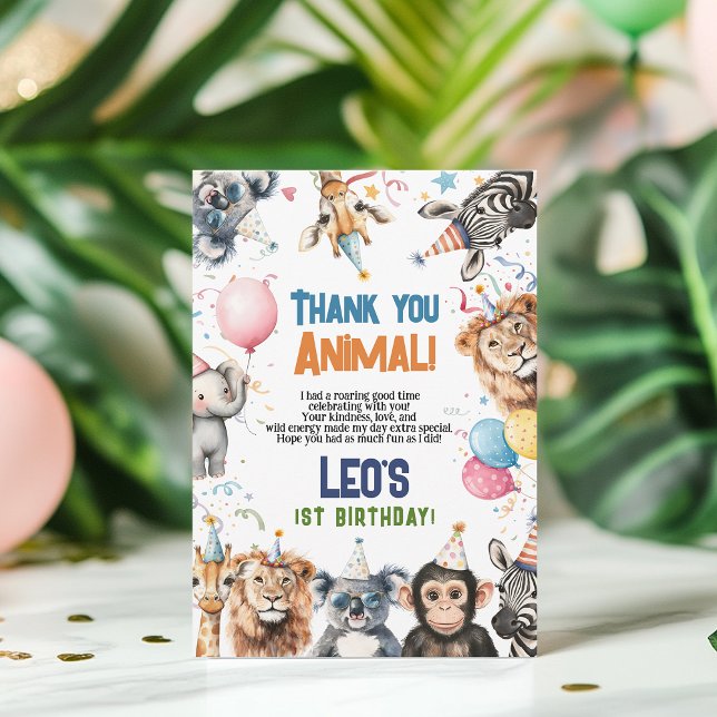 Carte De Remerciements Fête sauvage appelant tous les animaux 1er anniver (Wild Party Calling All Animals 1st Birthday Safari Thank You Card)