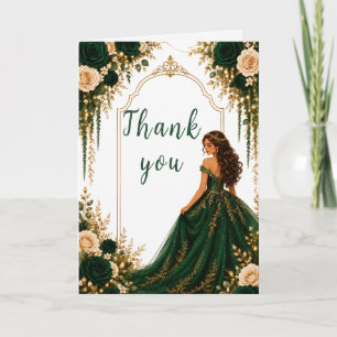 Carte De Remerciements Fête Sweet Sixteen de Fleurs d'Or en Vert Émeraude