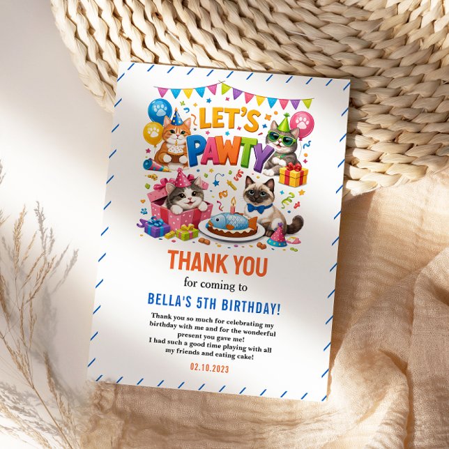 Carte De Remerciements Fêtons notre chat pour son 5e anniversaire | Joyeu (Let’s Pawty Cat 5th Birthday | Cute Kitty Birthday Thank You Card
)