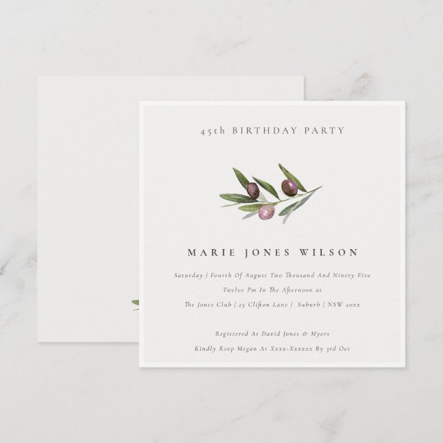 Carte De Remerciements Feuillage d'olive minimal N'importe quel âge Invit (Devant / Derrière)