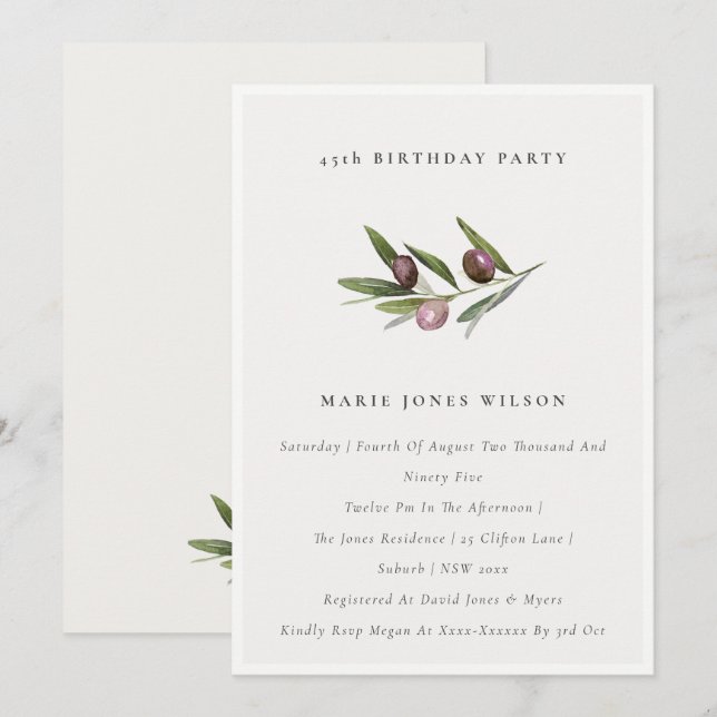 Carte De Remerciements Feuillage d'olive minimal N'importe quel âge Invit (Devant / Derrière)