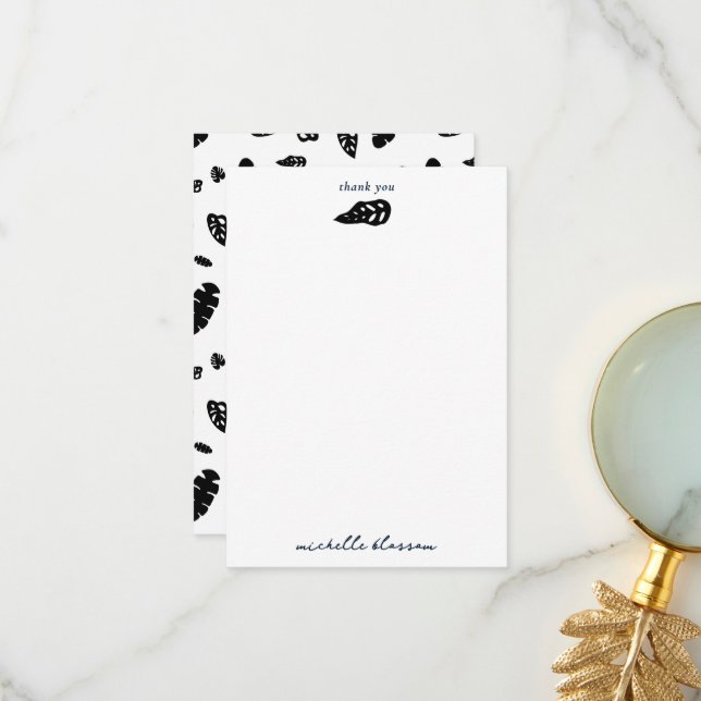 Carte De Remerciements Feuille d'été noir et blanc Tropical Motif (Devant/Arrière en situation)