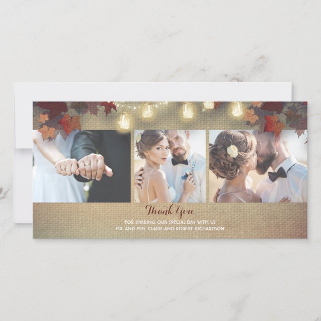 Carte De Remerciements Feuilles automnales et jarres Mason Photo Mariage  (Devant)