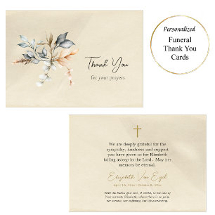 Carte De Remerciements Feuilles Bucoliques Parchemin Beige Funérailles Or