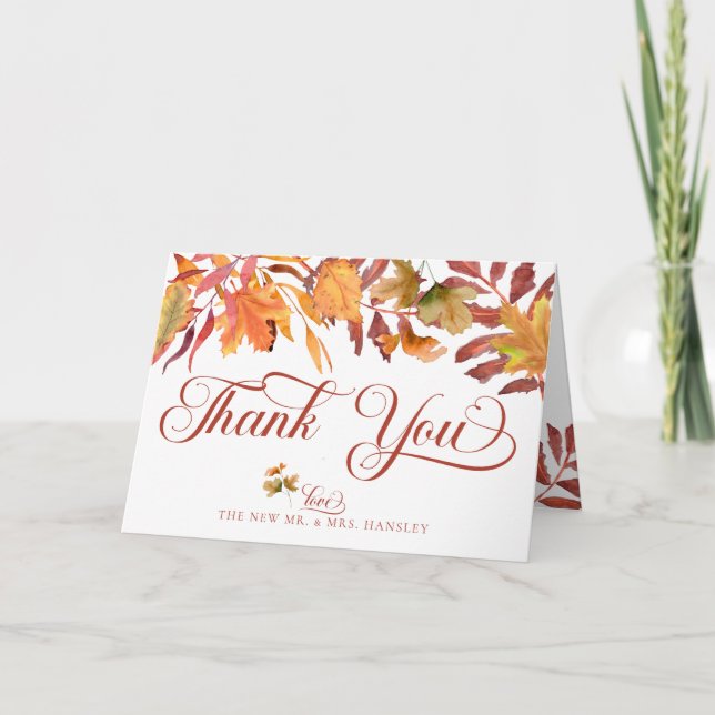 Carte De Remerciements Feuilles d'automne élégantes Boho | Mariage d'auto (Devant)