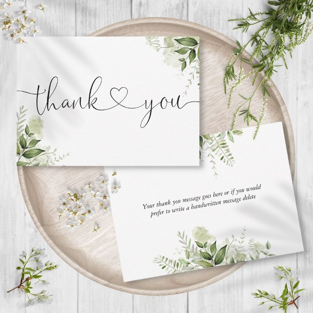 Carte De Remerciements Feuilles de verdure Écriture botanique élégante Cœ (Greenery Leaves Botanical Elegant Script Heart Thank You Card)