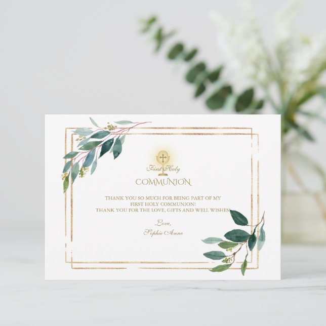 Carte De Remerciements Feuilles d'eucalyptus Or Première Communion  (Debout devant)
