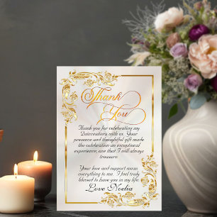 Carte De Remerciements Feuilles d'Or & Diadème - Pearl Quinceanera
