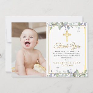 Carte De Remerciements Feuilles Florales Croix Or Baptême Christening Pho