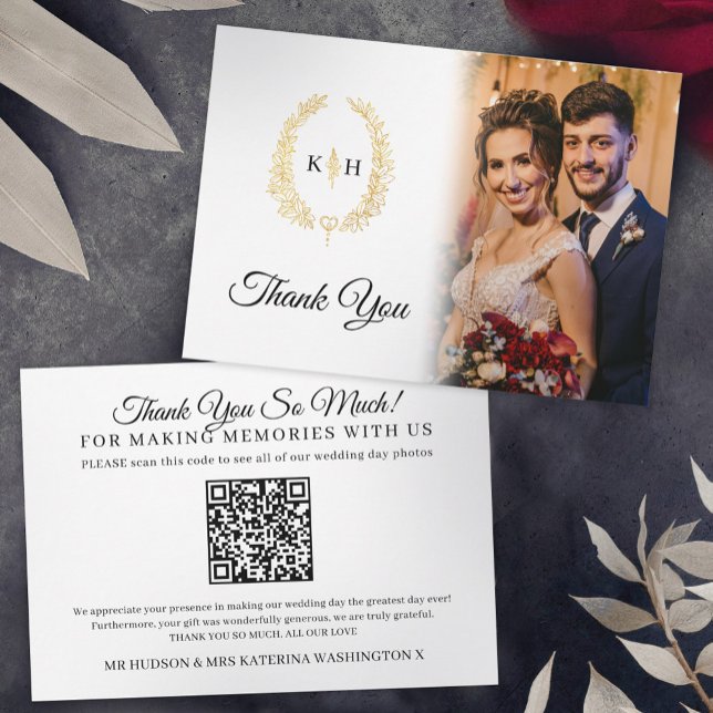 Carte De Remerciements Feuilles ovales noir blanc mariage photo QR Code (Créateur téléchargé)