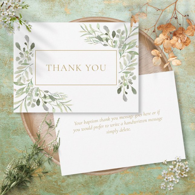 Carte De Remerciements Feuilles Vertes Élégantes et Douces Remerciement d (Elegant Soft Leaves Greenery Baptism Thank You)