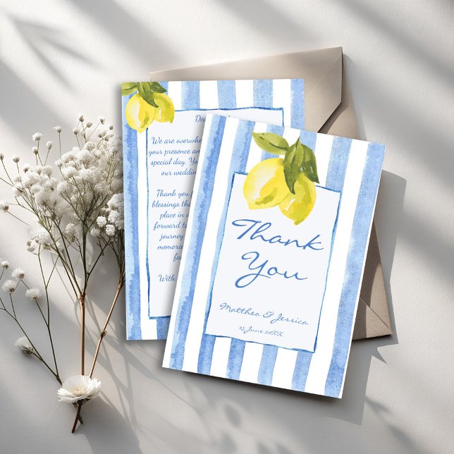 Carte De Remerciements Fil à la main bleu rayures citrons italien mariage (Handrawn blue stripes lemons modern retro funky Italian wedding Thank You Cards)