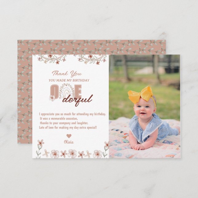 Carte De Remerciements Fille 1er anniversaire | Arc-en-ciel Bohème (Devant / Derrière)