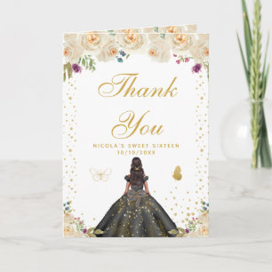Carte De Remerciements Fille à la peau foncée florale crème Sweet Sixteen