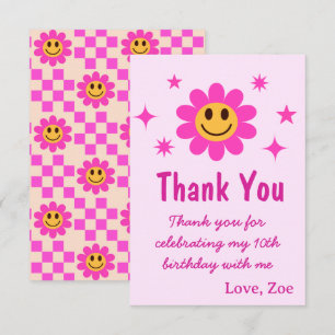 Carte De Remerciements Fille Anniversaire Fleur Rose Sourire Rétro