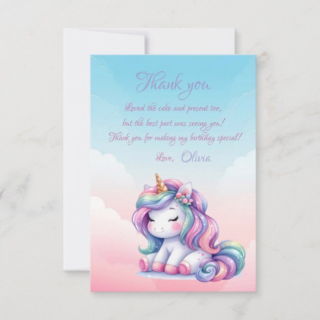 Carte De Remerciements Fille Anniversaire Licorne Arc-en-ciel Moment Magi (Devant)