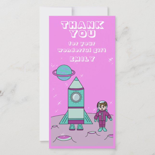 Carte De Remerciements Fille astronaute fusée spatiale rose anniversaire (Devant)