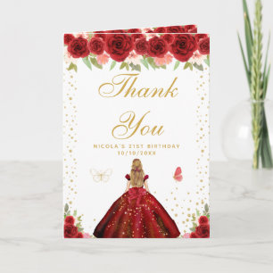 Carte De Remerciements Fille aux cheveux blonds floraux rouges Anniversai