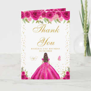 Carte De Remerciements Fille aux cheveux bruns florale rose vif pour anni