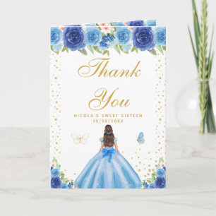 Carte De Remerciements Fille aux cheveux bruns floraux bleus Sweet Sixtee