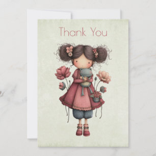 Carte De Remerciements Fille avec une poupée grenouille mignonne fantaisi