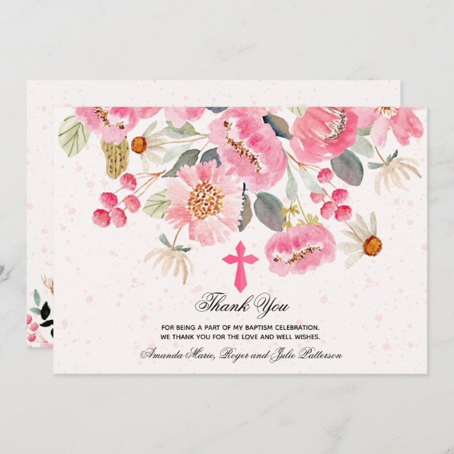 Carte De Remerciements Fille Baptême Aquarelle rose Floral (Devant / Derrière)