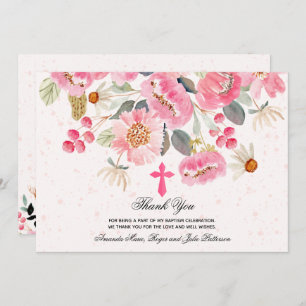 Carte De Remerciements Fille Baptême Aquarelle rose Floral