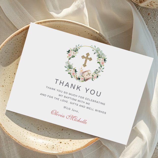 Carte De Remerciements Fille Baptême Christening Floral Photo (Créateur téléchargé)