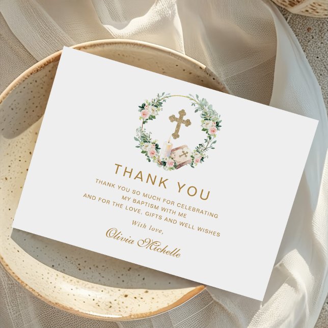 Carte De Remerciements Fille Baptême Christening Floral Photo (Créateur téléchargé)