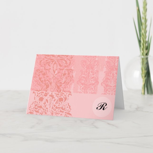 Carte De Remerciements Fille brillante rose Damas Monogramme initial Note (Devant)