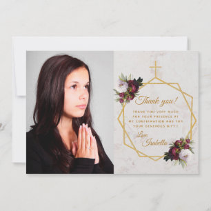Carte De Remerciements Fille Confirmation Bourgogne Pivoine Or Croix Marb