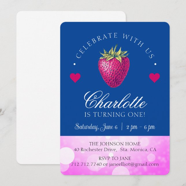 Carte De Remerciements Fille de fête d'anniversaire à la fraise rose et b (Devant / Derrière)