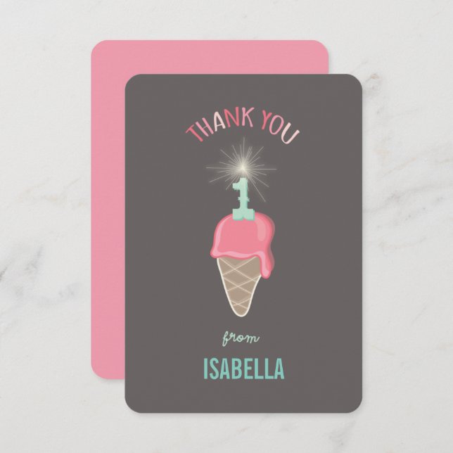 Carte De Remerciements Fille de la glace à la fraise Étincelante 1er Anni (Devant / Derrière)